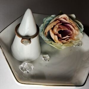 Antique Silvertone Dainty Simple Single Clear Stone Ring